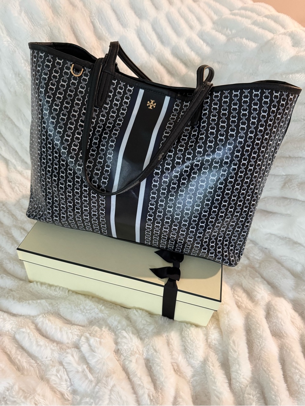 Tory Burch Black Tote with White Stripe & Logo